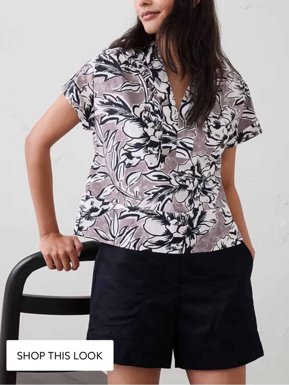 Banana Republic Floral Short Sleeve Button-Down Top - black and white